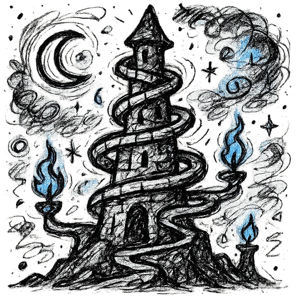 arcane chaotic stone tower with spiraling structure, large base and citadel at bottom atop hill, surrounded by spiral ramps, blue torches, moonlit nebula sky, spiritual tower in mystical Shinto-inspired parallel world, emoji icon emoji