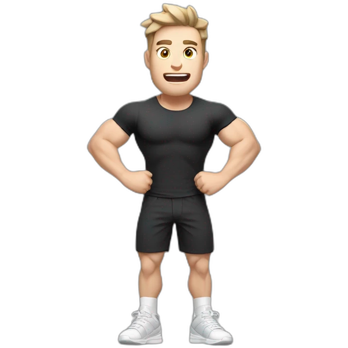 amazed Open with surprise mouth Pale skinned Fit Man With the biceps and dark brown hair in black shirt, gray sports shorts and white Sneakers emoji
