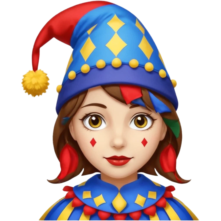 a girl with brown hair a blue and red jester hat with yellow pom pom's at the tip of the jester hat her eyes a patren of red and blue  emoji