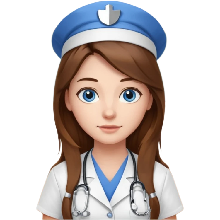 pretty female nursing student with long brown hair, blue eyes inside a classroom at university emoji