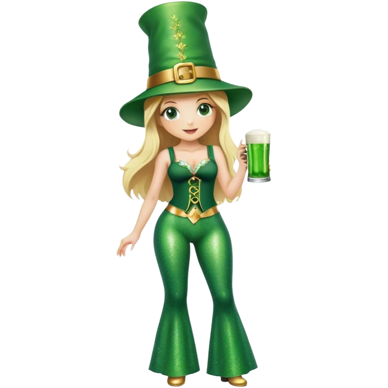 Blonde haired pretty woman in glittery green bell bottoms and tall leprechaun hat holding a green beer emoji