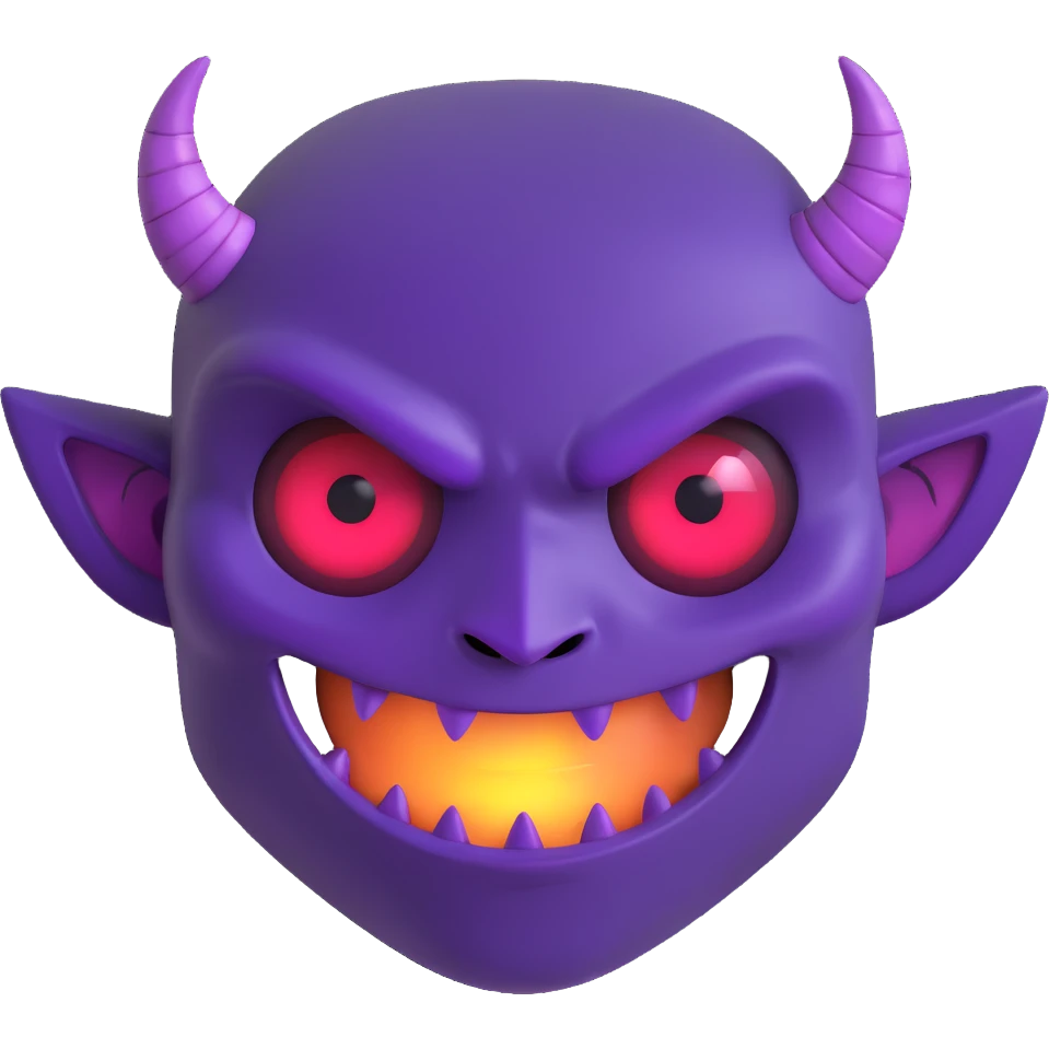 purple demon bot face only, mischievous grin, glowing eyes, small fangs, round shape, 3D look emoji