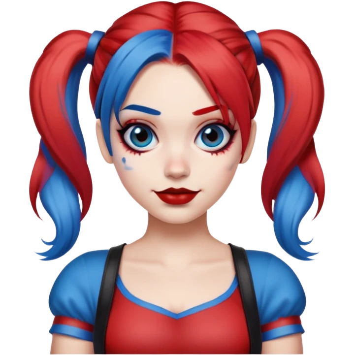 hair styled like Harley Quinn with red and blue pigtails emoji