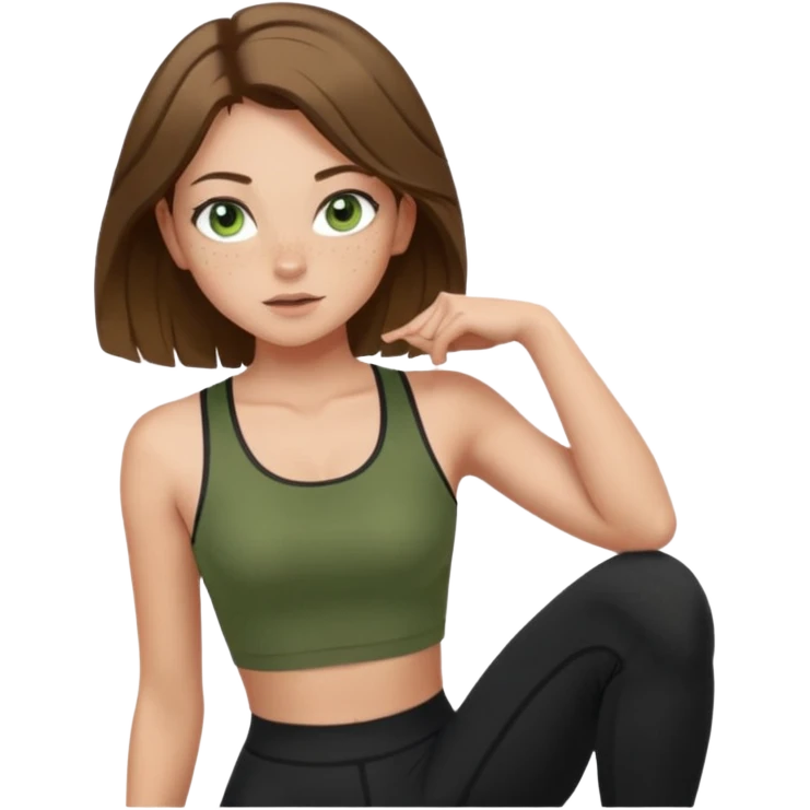 Girl with green eyes, brown hair shoulder length, light skin, and freckles wearing an olive green crop top with black leggings working out, she has light gorgeous lashes emoji