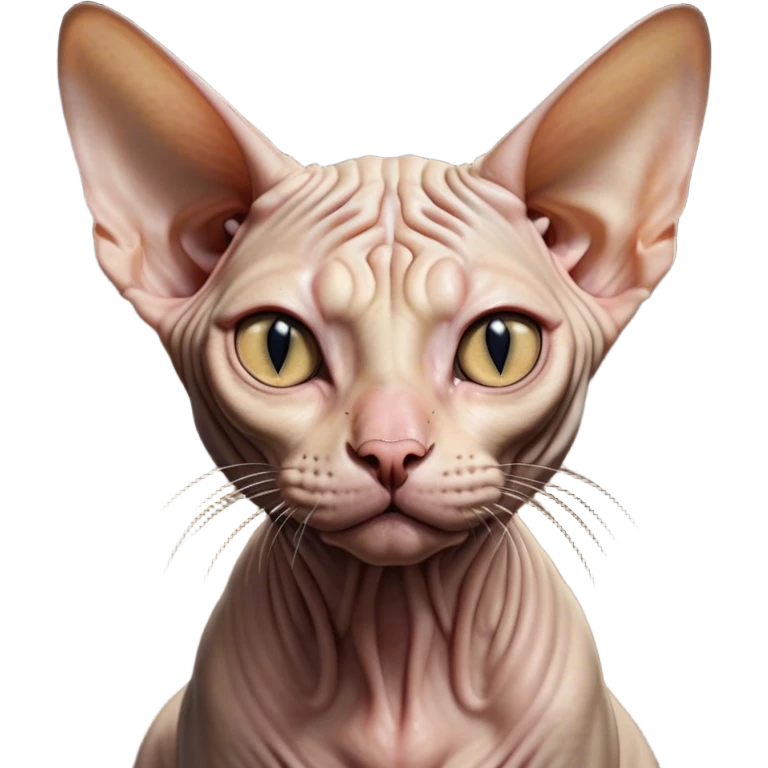 Cinematic Meme-Worthy Grumpy Sphynx Cat Portrait Emoji, Head held high but eyes filled with dramatic disappointment, hairless, wrinkled skin forming deep furrows of discontent, large ears positioned like tiny radar dishes of judgment, signature scowling mouth and narrowed eyes radiating pure disapproval, Simplified yet hilariously over-exaggerated features, highly detailed, glowing with an aura of supreme annoyance, high shine, exhausted yet judgmental, stylized with an almost regal pettiness, bright but brooding, soft glowing outline, capturing the essence of a feline that has seen it all and is thoroughly unimpressed, so meme-worthy it feels like it could instantly become the next viral sensation of grumpiness! emoji