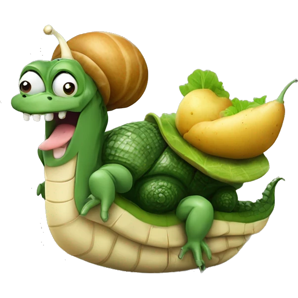 hybrid of snail and crocodile holding a potatoe with a sly grin on its face emoji