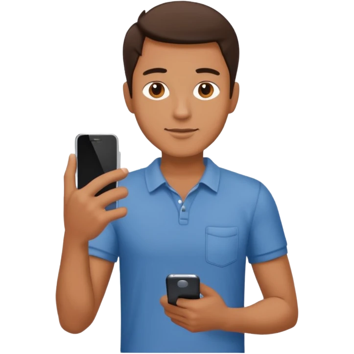 man casual clothes holding a phone emoji