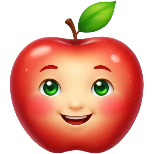 Cute Kawaii Apple, round and plump, bright shiny red with a tiny green leaf, chubby cheeks, sparkling eyes, a happy smile, soft glowing highlights, radiating fresh sweetness! emoji
