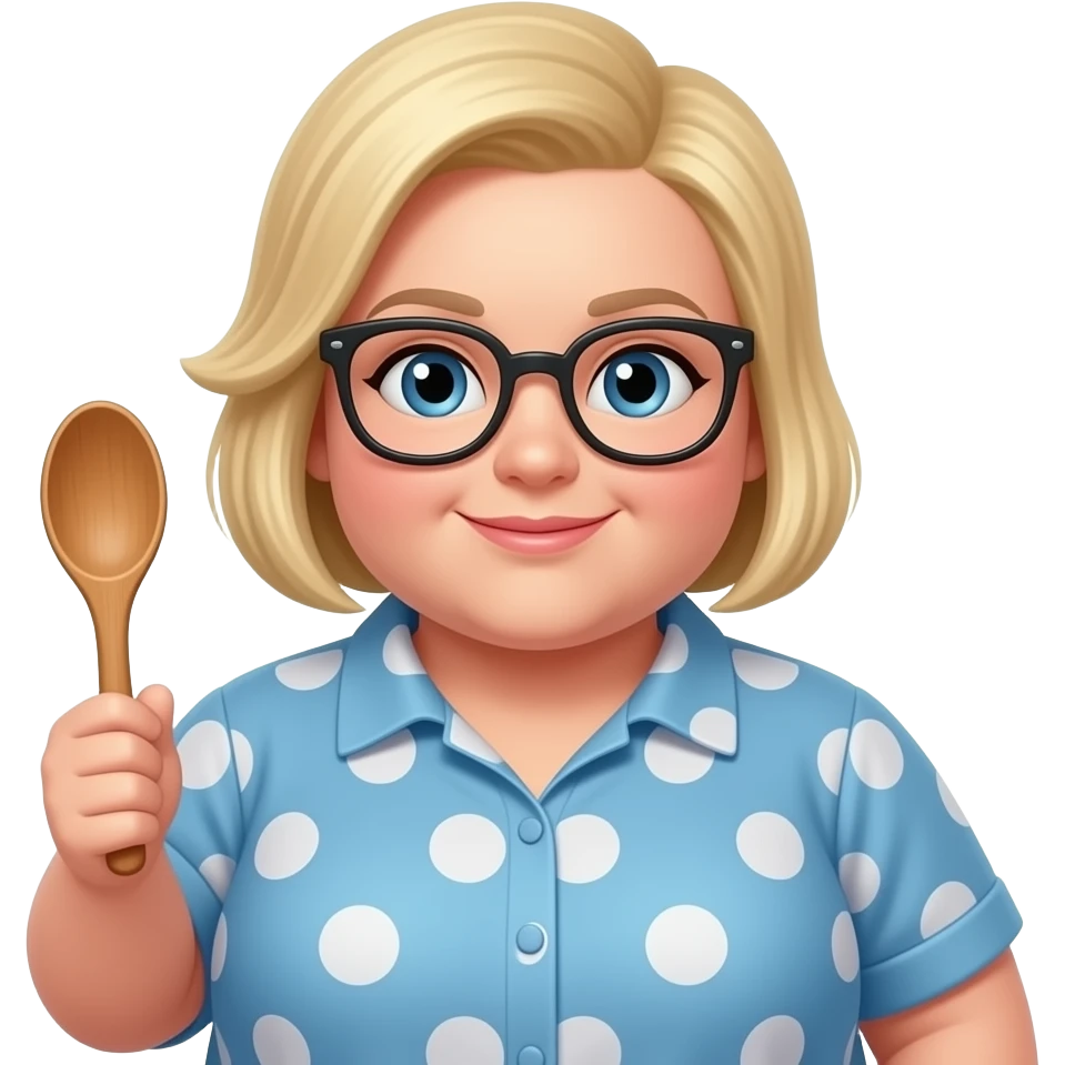 blonde woman, glasses, wooden spoon, buzz cut overweight emoji