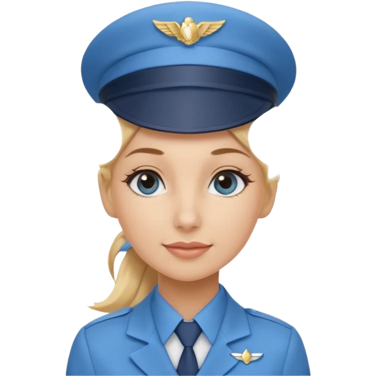 Create an emoji of a female flight attendant with blonde hair tied up, wearing alight blue flight attendant hat and a blue flight attendant uniform. emoji