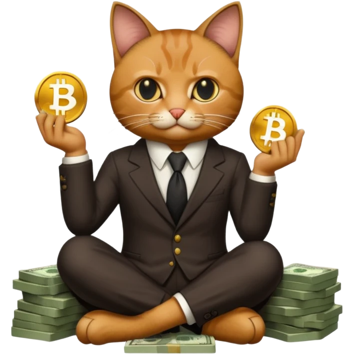 cat mafia corleone sitting on money, bitcoin BTC on hand emoji