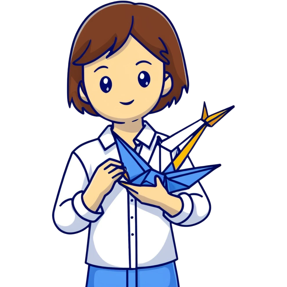 Happy Ukrainian young girl with brown hair in a white embroidered shirt holds an origami yellow and blue crane emoji