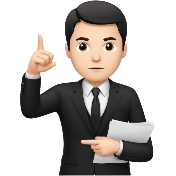 A white man in a black suit stands with a serious face and points at his hand holding papers. emoji