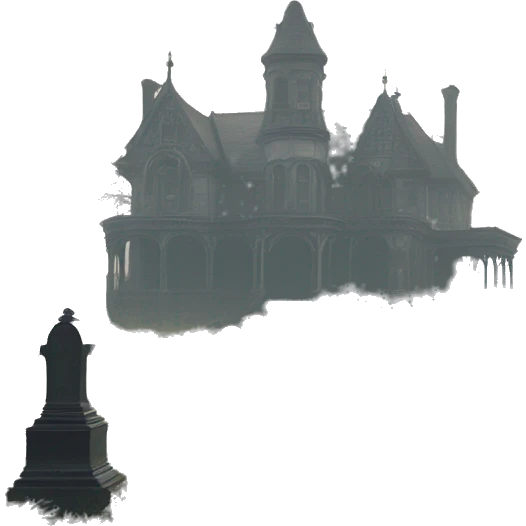Large overgrown Haunting graveyard field at Victorian mansion at noon, light fog emoji