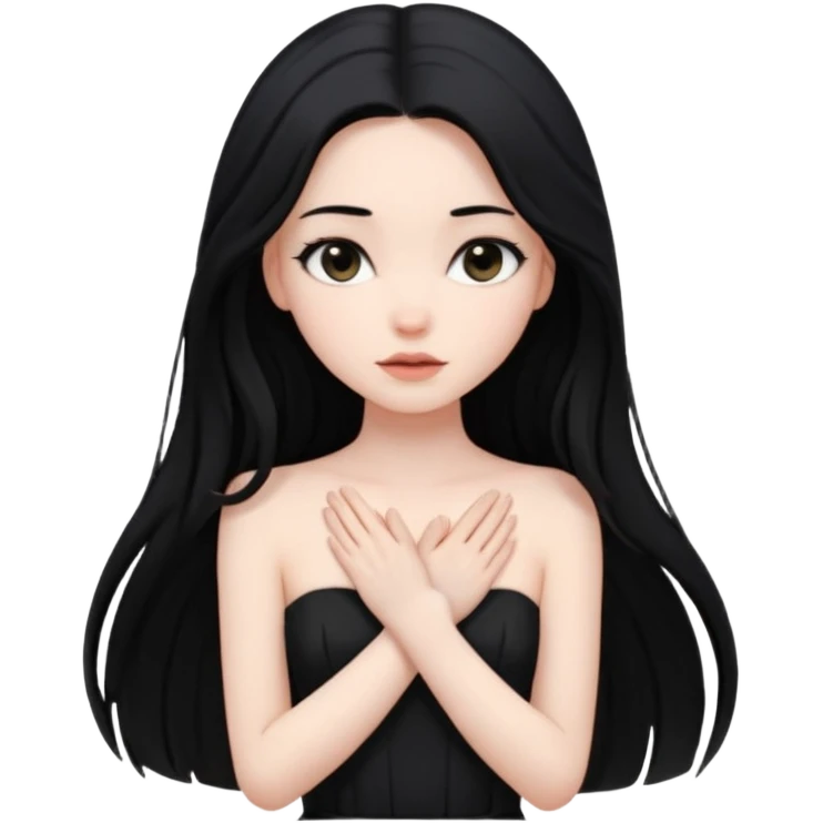 Pale girl with long black hair and black strapless dress with hands over her heart emoji