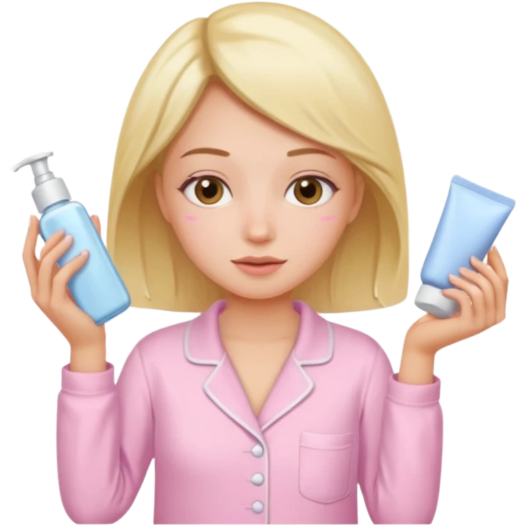 woman doing skin care in baby pink pijamas  emoji