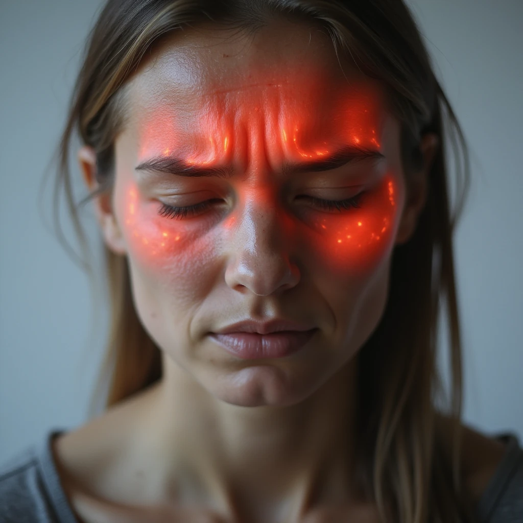 close-up of a woman's head, forehead and temples area with glowing red effect, pain expression, realistic style, light background emoji