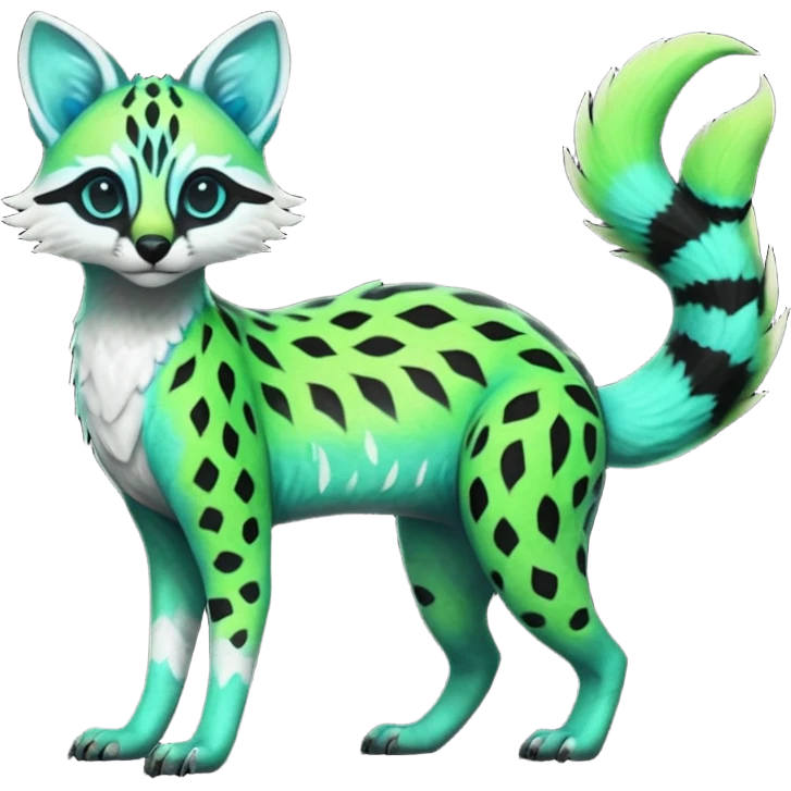 Rare realistic iridescent neon lime-green & cyan white black lush tropical exotic edgy epic pretty beautiful handsome gorgeous aesthetic colorful vibrant Vernid-Protogen-Primagen-Wickerbeast-Genet-Trico-species-Fakemon-hybrid-creature by LiLaiRa, beautiful intricate markings, full body emoji