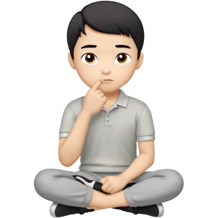 Cartoon Asian boy sitting cross-legged, clearly resting his closed fist against his cheek, looking thoughtful with a slight smirk. White polo, gray pants, black shoes, large eyes, short black hair. Clean vector style, flat colors, black background. emoji