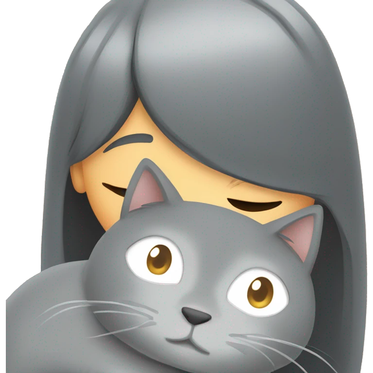 Gray cat hugging girl with straight hair and no glasses  emoji