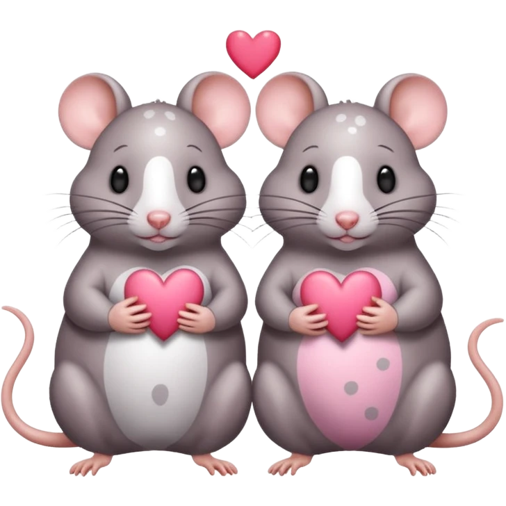 two fat little rats holding hearts one grey with white spots the other rat warm brown without spots emoji