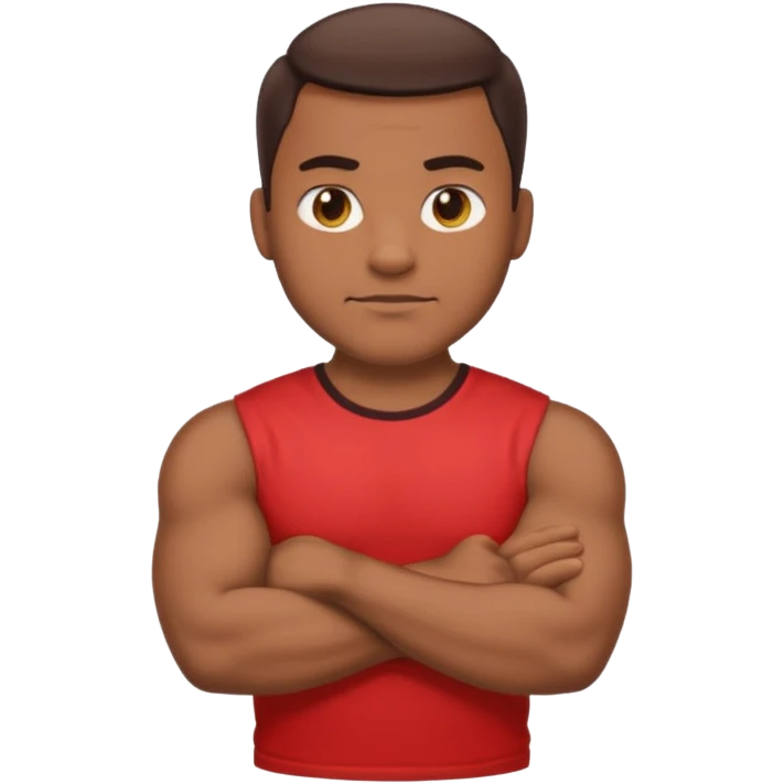 apple stylized emoji of a strong man, his arms crossed, white bg, he's in a red tee shirt emoji