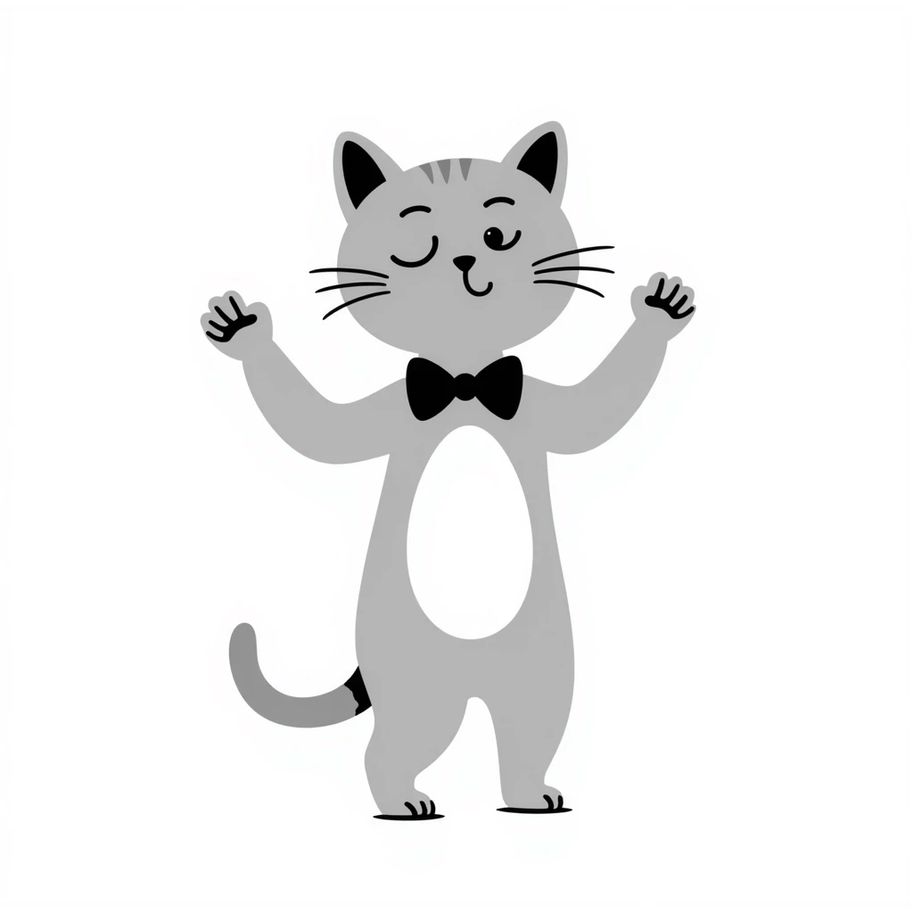 A grey cat with a white breast is dancing emoji