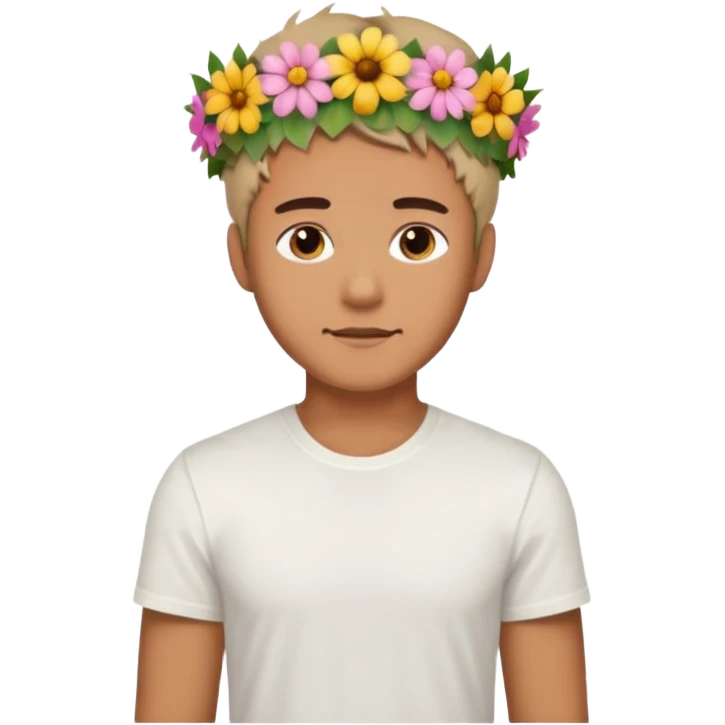 Man with flower crown and white shirt, body emoji