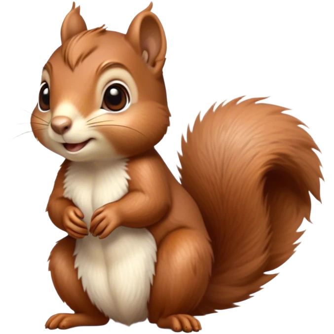 Cinematic Cute Squirrel Portrait Emoji, Head tilted playfully and inquisitively, featuring a fluffy, vibrant auburn Fur with a delicate cream belly and a bushy tail, round, sparkling eyes filled with curious mischief, Simplified yet irresistibly adorable features, highly detailed, glowing with a warm, friendly glow, high shine, affectionate and lively, stylized with a touch of woodland whimsy, bright and endearing, soft glowing outline, capturing the essence of a mischievous yet loving squirrel, so playful it feels like it could leap out of the screen and into your arms! emoji