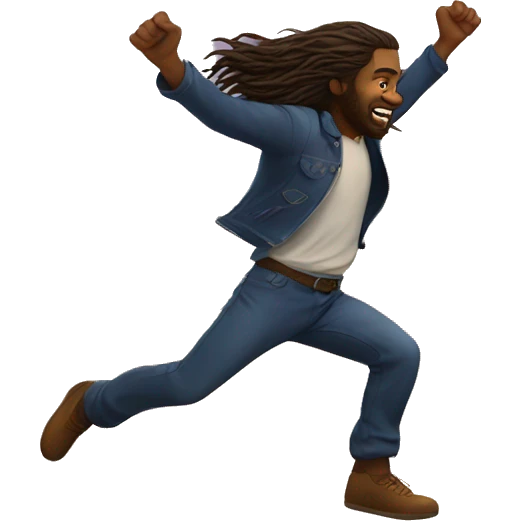 Long haired man jumping over mountains at suns emoji