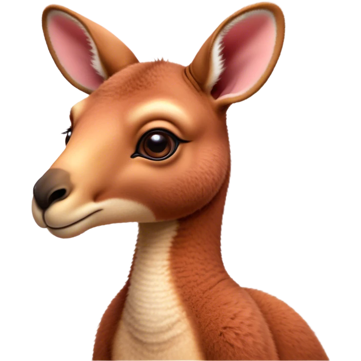 Cinematic Cute Adult Red Kangaroo Portrait Emoji, Head tilted playfully and inquisitively, showcasing a charming, robust build with soft reddish fur and a uniquely camel-like head featuring a gentle, elongated snout and rounded ears, with large, sparkling eyes full of wonder, Simplified yet irresistibly adorable features, highly detailed, glowing with a warm, friendly glow, high shine, affectionate and lively, stylized with a touch of outback whimsy, soft glowing outline, capturing the essence of a mischievous yet loving kangaroo that seems as if it could hop out of the screen into your arms! emoji