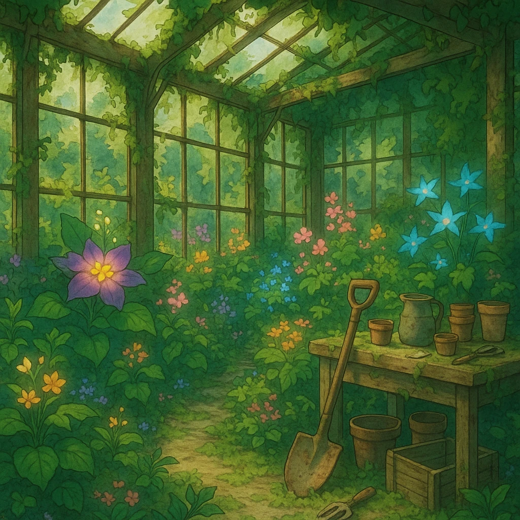 Overgrown greenhouse with forgotten tools and blooming magic herbs. emoji