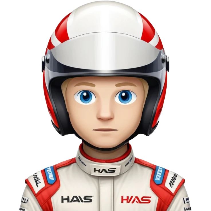 Kevin Magnussen, Formula 1 driver for Haas team, with blue eyes, wearing white and red Haas racing suit and helmet emoji