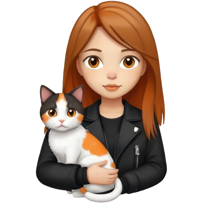 Light-skinned girl with brown straight hair wearing a black jacket, holding one pure white cat and one calico cat with orange black patches emoji