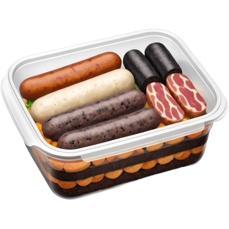Sausages, black pudding, white pudding, and bacon in sealed container  emoji