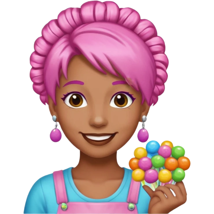 candy shop vendor, looking like candy with candy earrings and candy hair emoji