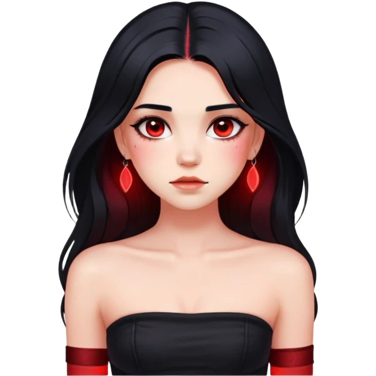 Girl with black hair with red underlights and frontlights hair. Long hair. Black strapless crop top. Very elegant. Skinny face with birthmark under left cheek. Without jewerly. emoji