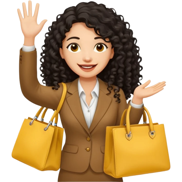 medium deep tan brown business woman with long black curly hair, waving hand with happy face with smile mouth and carrying bag on her shoulder and the other hand holding yellow stanley tumblr emoji
