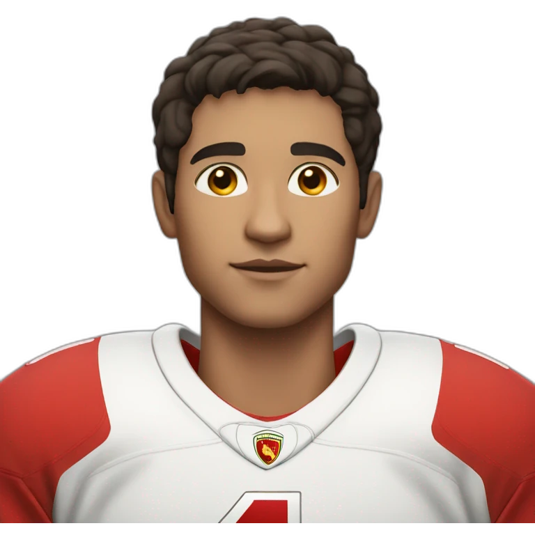 a young man with no beard and very short dark hair and brown eyes in a red ferrari jersey emoji