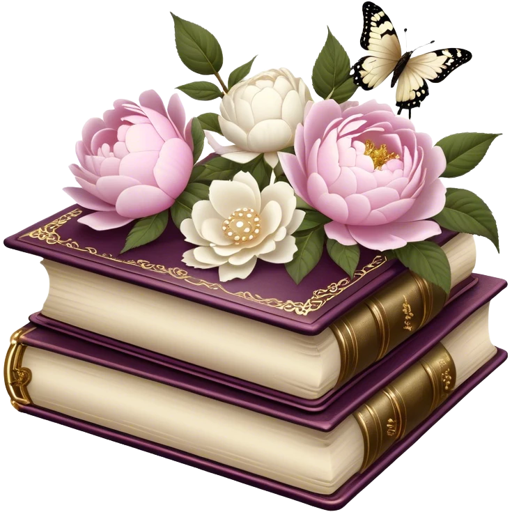 A vintage silk-bound poetry book, its cover embossed with golden floral motifs of pink roses and white peonies, resting on an antique writing desk with an ivory quill and a pearl butterfly sitting lightly on the book’s pages.
 emoji