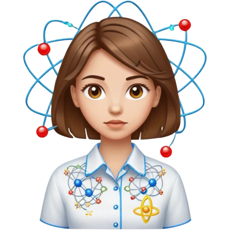 a Ukrainian girl with brown hair in an embroidered shirt and an atom emoji