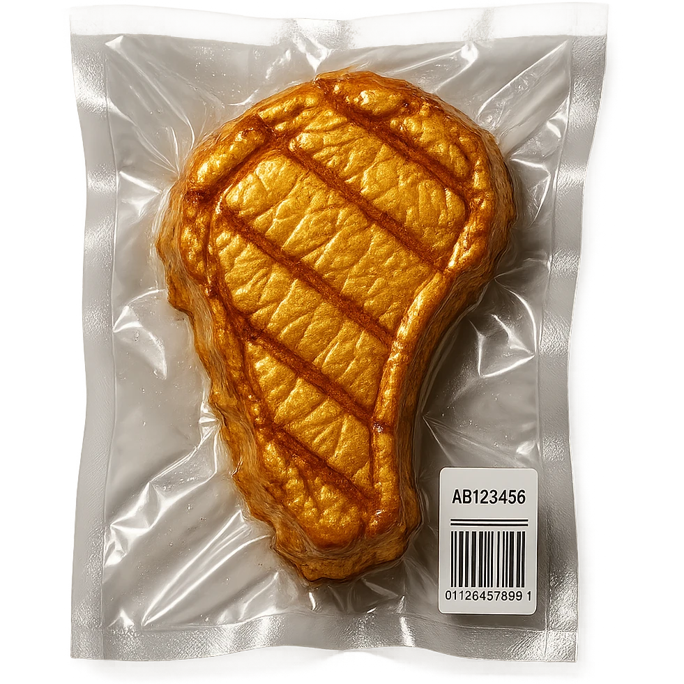golden steak, glossy and puffy, vacuum-sealed style emoji