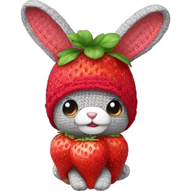Rabbit wearing cute strawberry crochet hat emoji