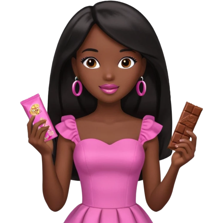 Black barbie, long black  hair, pink dress eating chocalate bar emoji