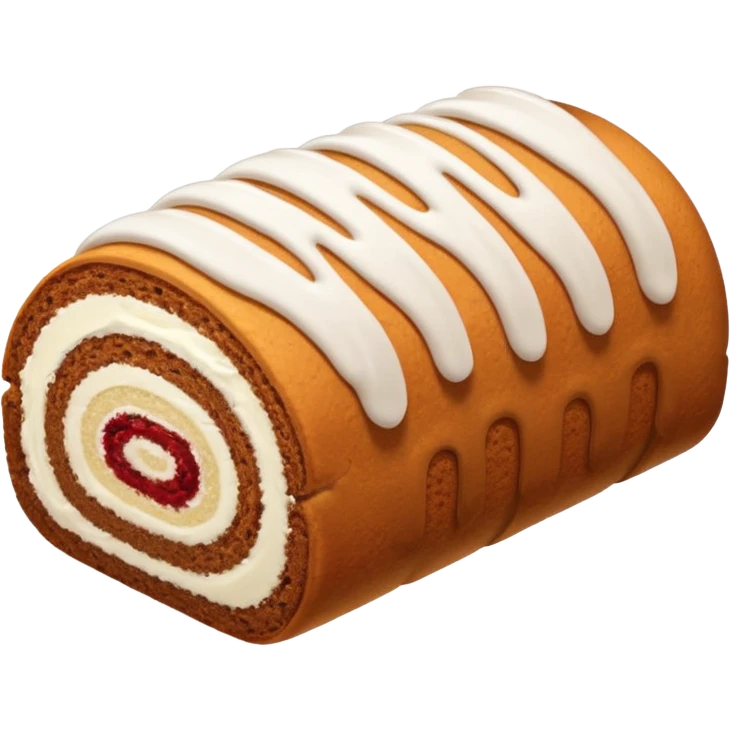 Brown cake roll with white drizzle frosting on top emoji
