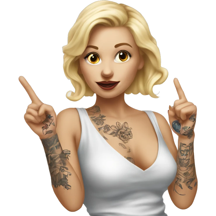 Blonde elegant women, her Body Covered with Tattoos, POINTING YOU FORWARD with her HAND with INDEX FINGER, Hyper realistic emoji
