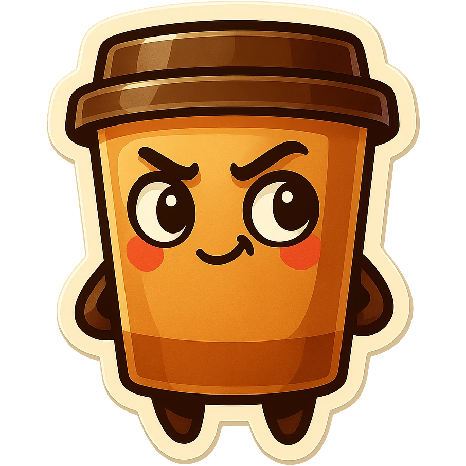 Tall coffee cup, mischievous eyes, thinking emoji