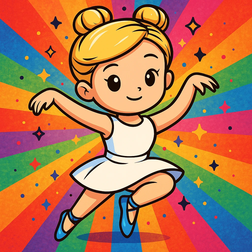 Add a vibrant, colorful background behind Dana Dawson in a dance pose, keep the original cartoon sticker style emoji