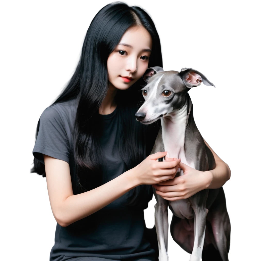 Slim Chinese girl with long black hair petting a completely solid dark grey Italian greyhound with absolutely no white anywhere on its body emoji