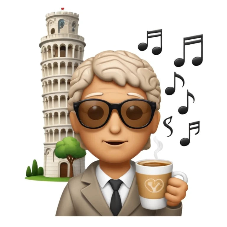 humorous brain with sunglasses sipping espresso surrounded by musical notes and leaning tower of Pisa emoji